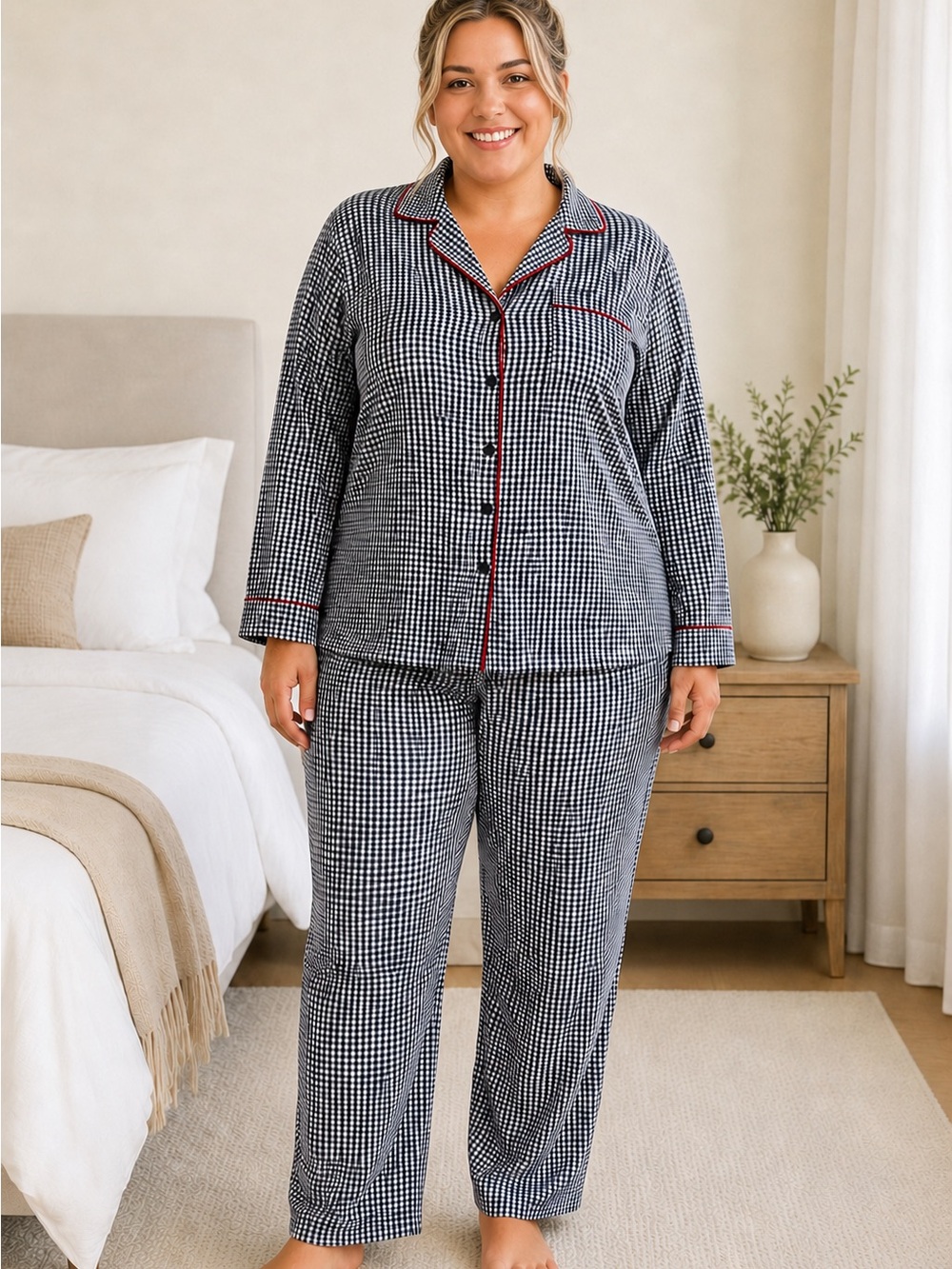 Charter Club Black & White Gingham cotton Pajama Set with Red Piping size XXL
